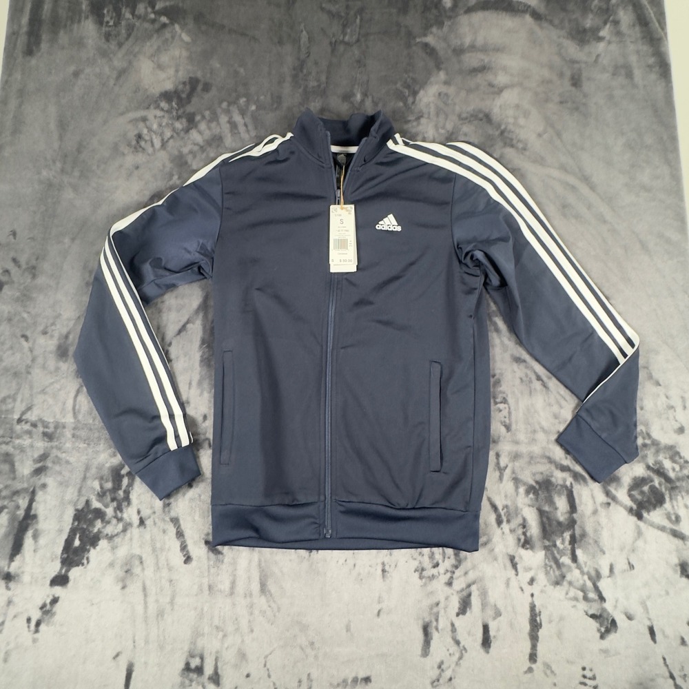 NWT Adidas Track Top Mens Small Navy Blue 3-Stripes Primegreen Tricot Jacket